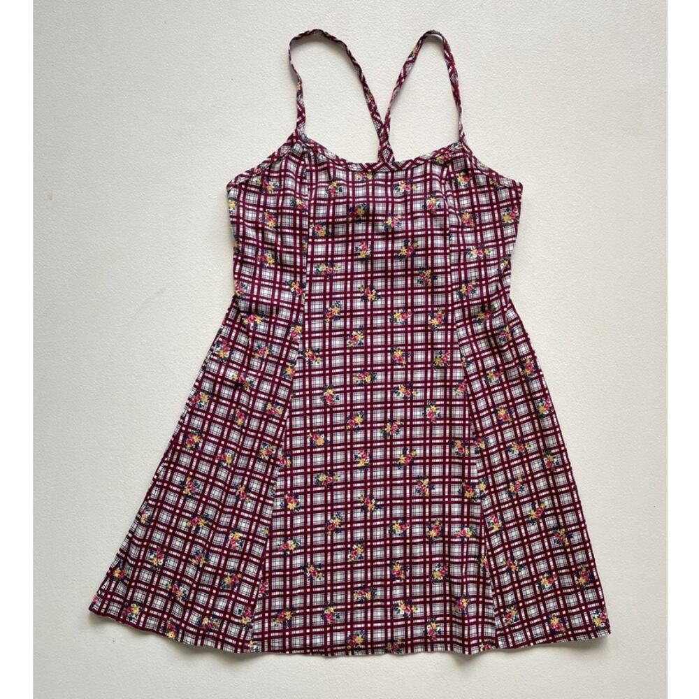 Vtg 90s Red Checked Floral Sleeveless Mini Dress · L · NO BOUNDARIES · Grunge